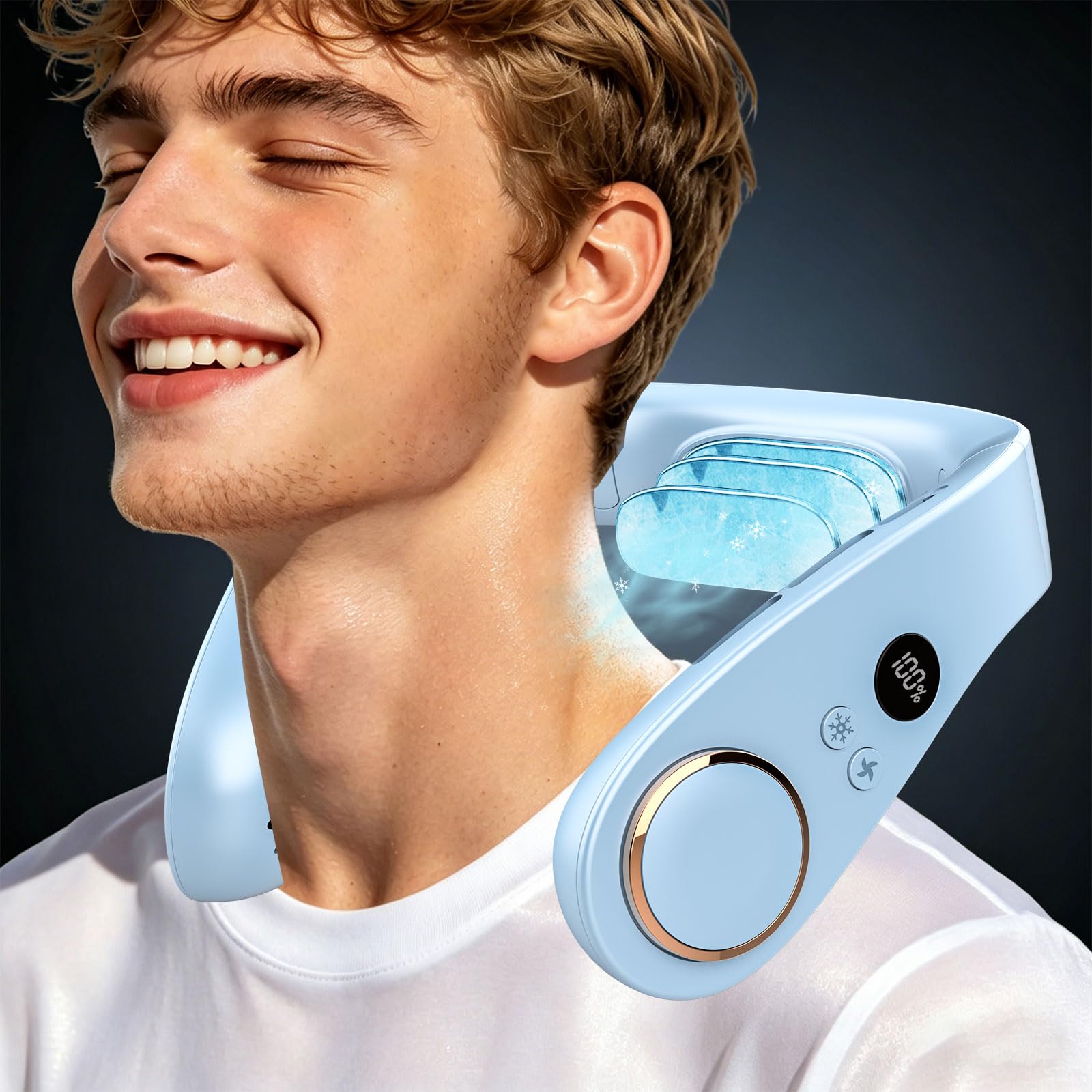Neck Fan with Cooling Plate-24H Quiet Powerful Fans that Blow 5 Speed&amp;Power LED Display-USB 5500mAh Bladeless Wearable Personal AC Cooler for Light Blue
