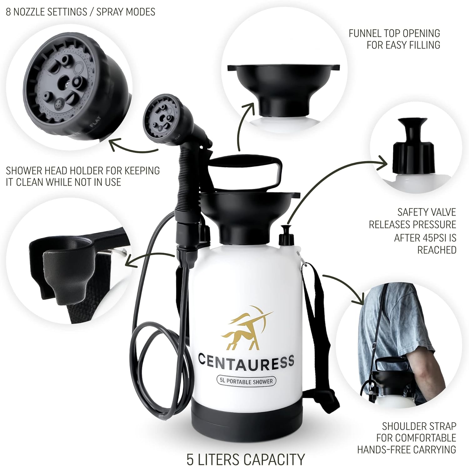 Portable Camping Shower Pump w/ Showerhead Holder and Safety Valve (45 PSI) - Portable Shower for Camping - Surf Rinse Kit - Beach Shower Pump – Camp Shower Kit - Portable Outdoor Shower Camping