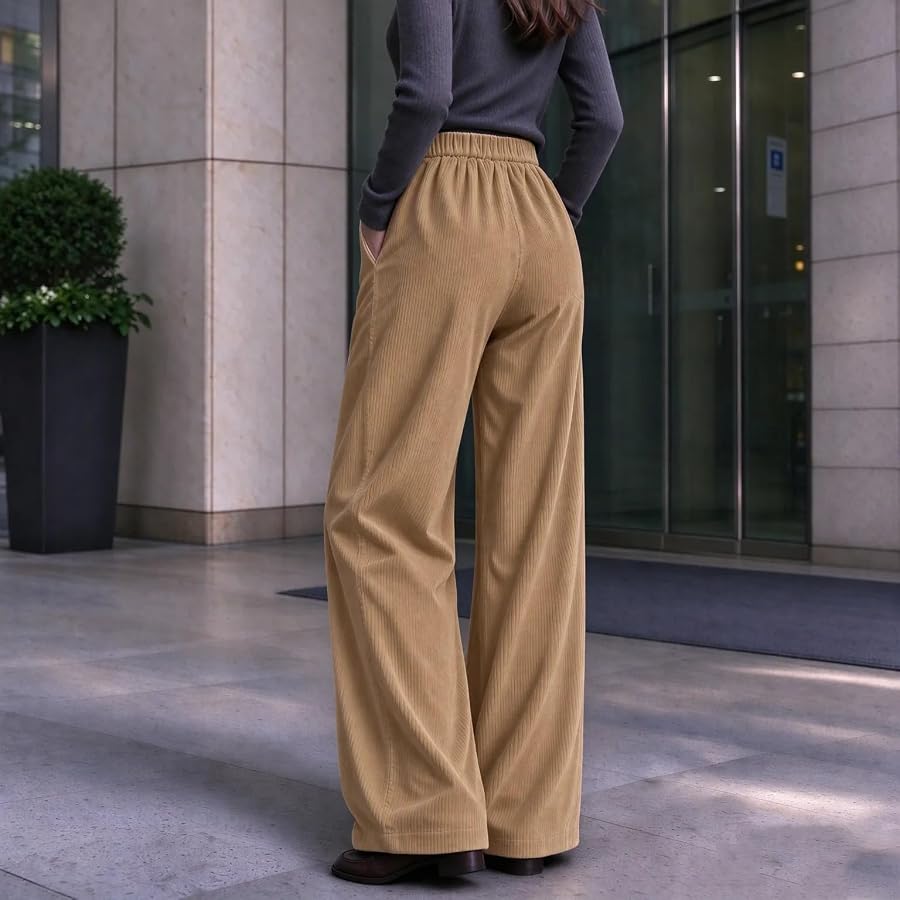 Hosen Damen Cordhose Weites Bein Cord Damenhosen Herbst Winter Freizeithose | Guhmomh Khaki L Schlupfhose Elegante Freizeithose Hose mit Gummibund Bequeme Jogginghose Lockere Lang Sporthose Stoffhose, Bild 6