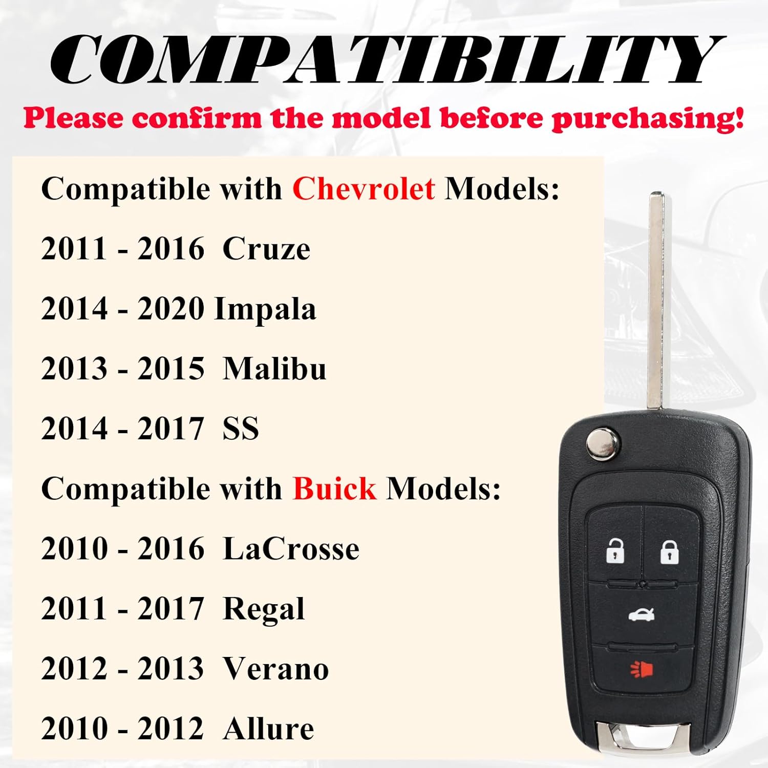 SUPALAND PEPS Proximity Smart Key Fob Replacement Fits for Chevrolet Impala 2014-2020 Malibu SS Cruze Buick Regal Verano Allure Lacrosse 2010 2011 2012 2013-2016 OHT05918179