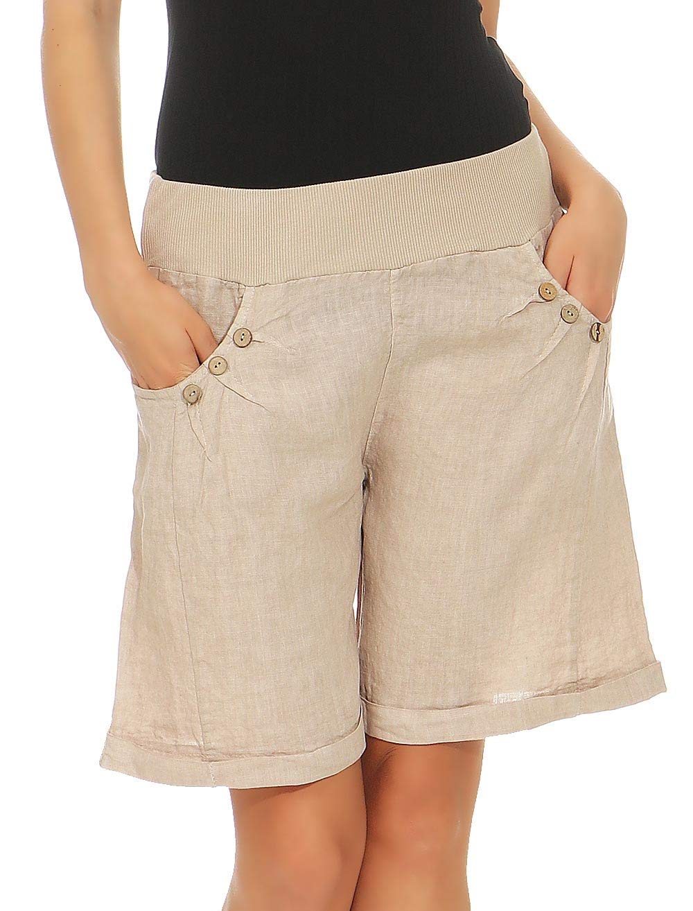 malito more than fashion Malito Mujer Pantalones de Lino Pantalones Cortos Bermuda Uni Colors 8024