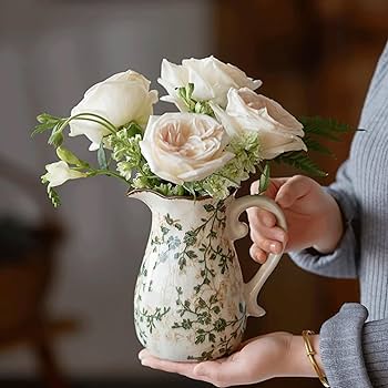 Amazon.co.jp: ハンドル付き花柄陶器ピッチャー花瓶 - 家庭や庭