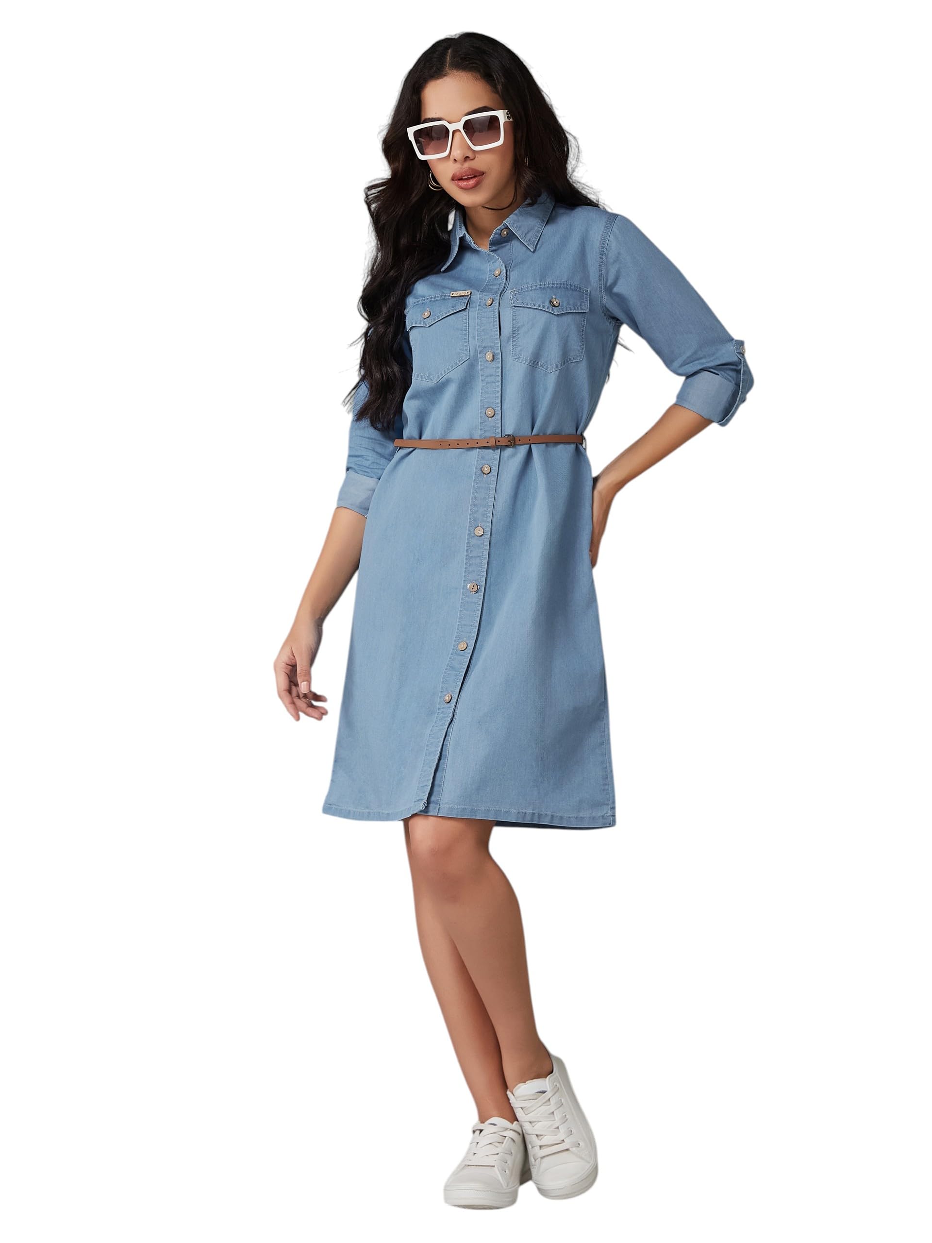 dolce crudo Women's Polo Neck Rolled Up Full Sleeve Denim Buttoned A-Line Mini Dress-picture-32