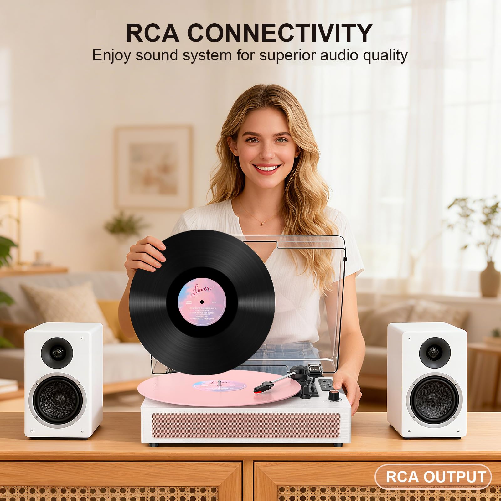 VINYLS LINK Giradischi in vinile con altoparlanti, giradischi Bluetooth con modalità EQ e display LED, giradischi vintage rosa, giradischi a 3 velocità per dischi in vinile, registrazione USB