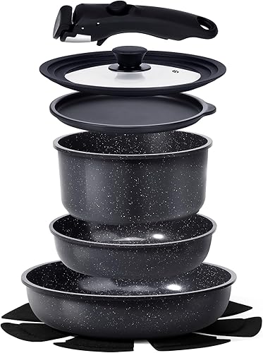 GiPP Juego de ollas y sartenes antiadherentes de cerámica, antiadherentes, mango desmontable, saludable y no tóxico, sin PFAS PFOA y PTFE, apto para