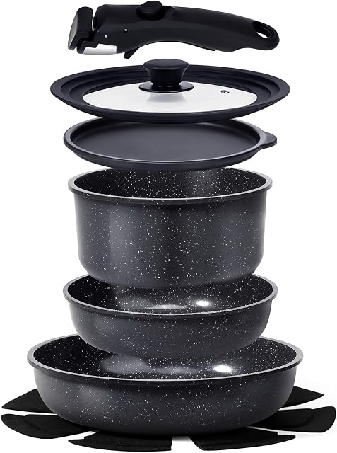 GiPP Ceramic Non Stick Pots and Pans Set,Nonstick Detachable Handle Cookware Sets,Healthy Non Toxic PFAS PFOA & PTFE Free, Dishwasher &Oven Safe, Induction Kitchen Pot and Pan, 8 Piece Grey