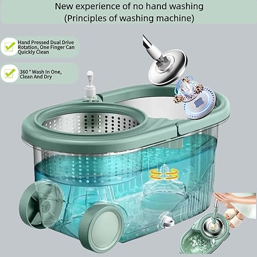 Miniatura 3 de Trapeador giratorio de alta resistencia y cubo con juego de escurridor, cesta de acero y ruedas de gran tamaño, sistema de limpieza de 360 con mango