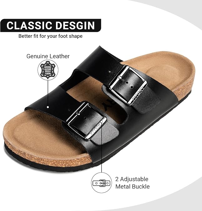 FITORY Mens Leather Sandals, Cork Footbed Slides for Summer