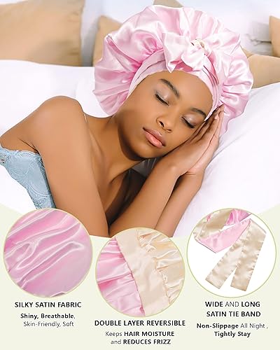 Miniatura 4 de Gorro de satén de seda para dormir, gorros reversibles para cabello rizado, gorro de noche de doble capa con banda de corbata (champán + rosa)