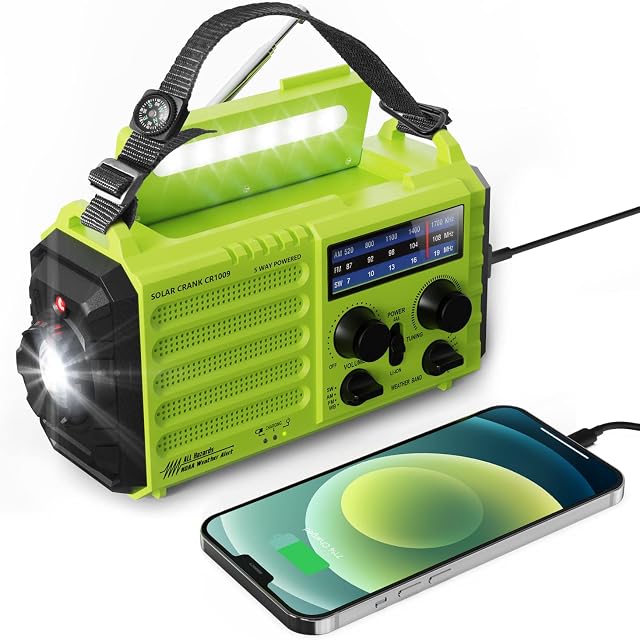 Solar Hand Crank Radio, 5-Way Powered AM/FM/SW Emergency Radio for Outdoor with 5000 mAh Capacity Battery, Portable Radio with USB Charger, LED Flashlight, Reading Lamp, SOS Alarm and Compass