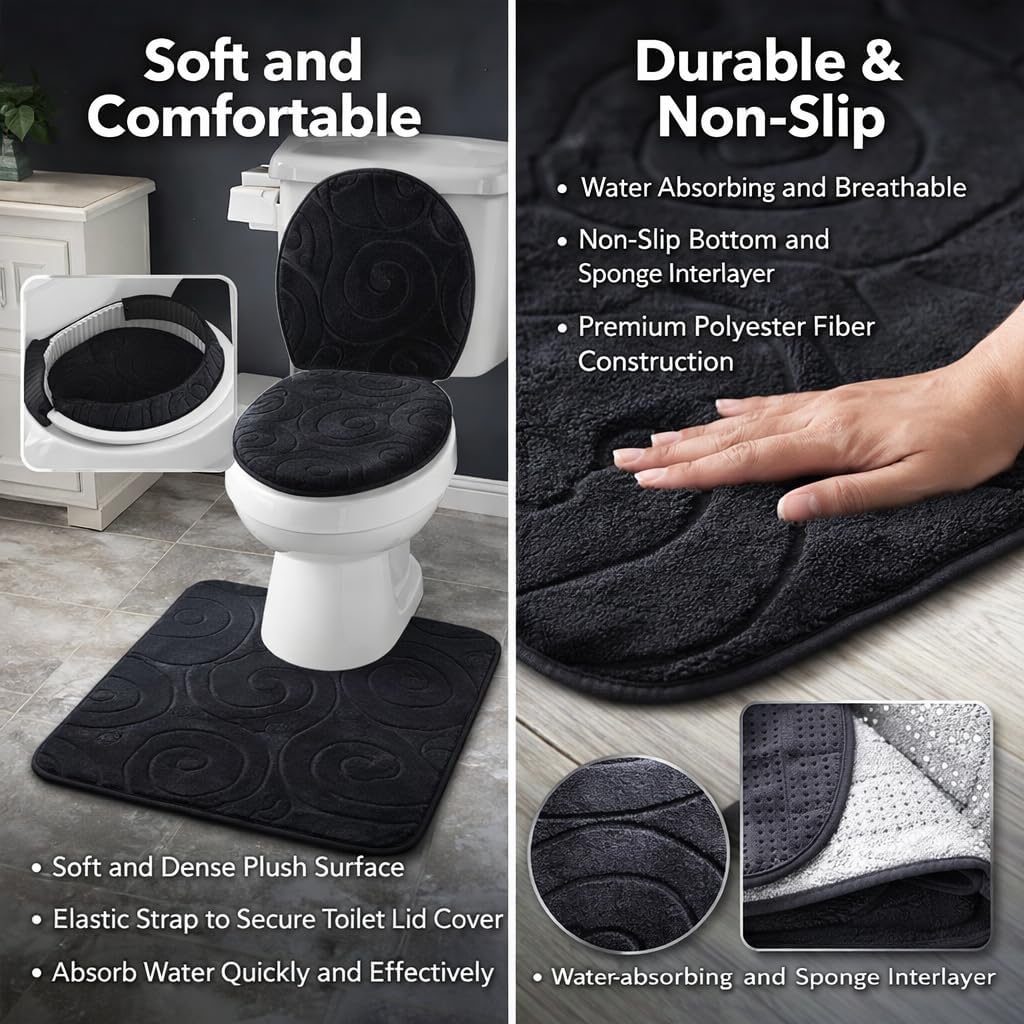 Bath Rug Set, Bathroom Bath Mats Non Slip Bath Rug Toilet Mats for 3 Pieces, Toilet Lid Cover Floor Mats Side Absorbent Carpets (Black)