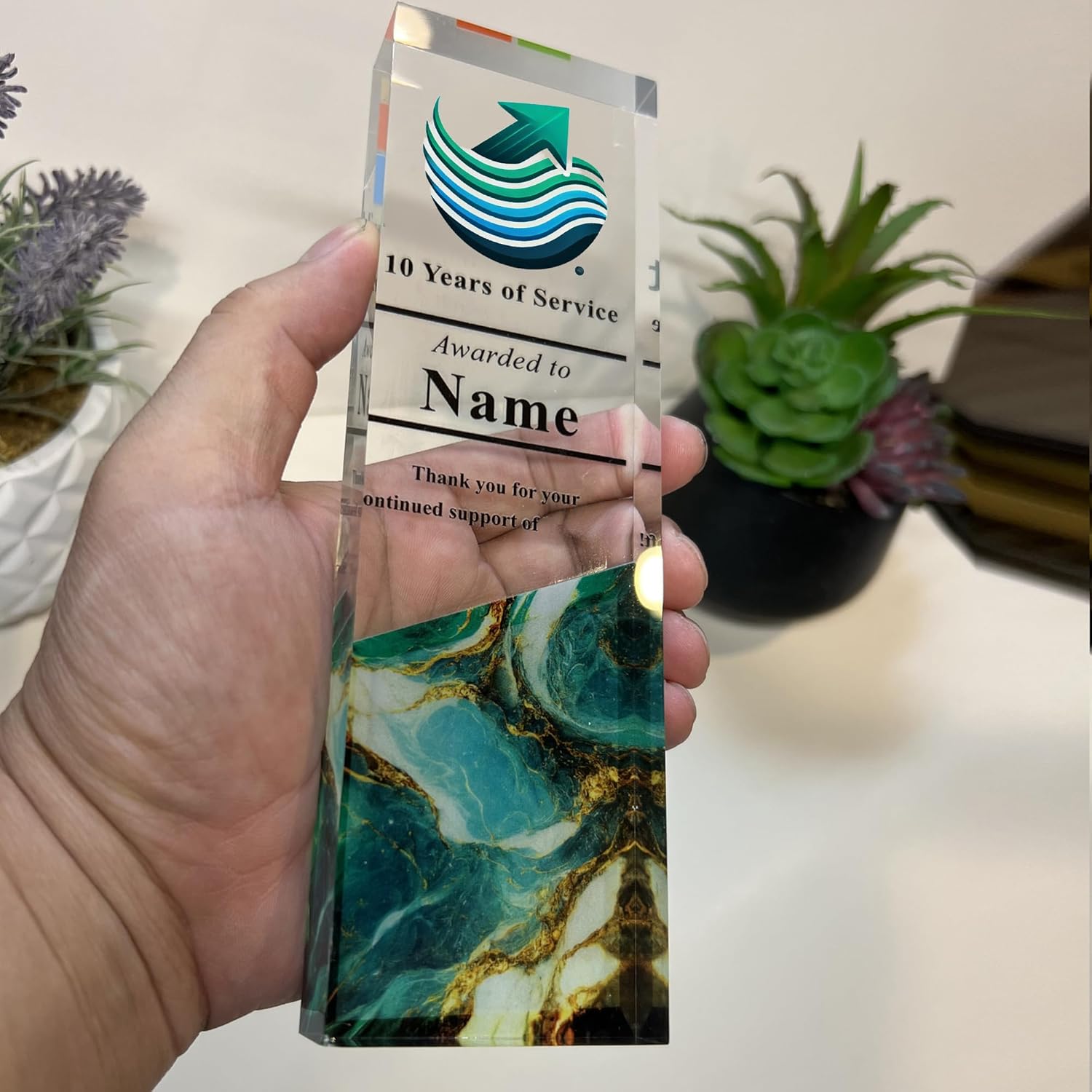 Tina&Co Personalized Corporate Trophy - Customizable Acrylic & Glass Award, for Company Anniversary, Employee Appreciation, Awards Ceremony with Logo 8"x2.5"x0.8"