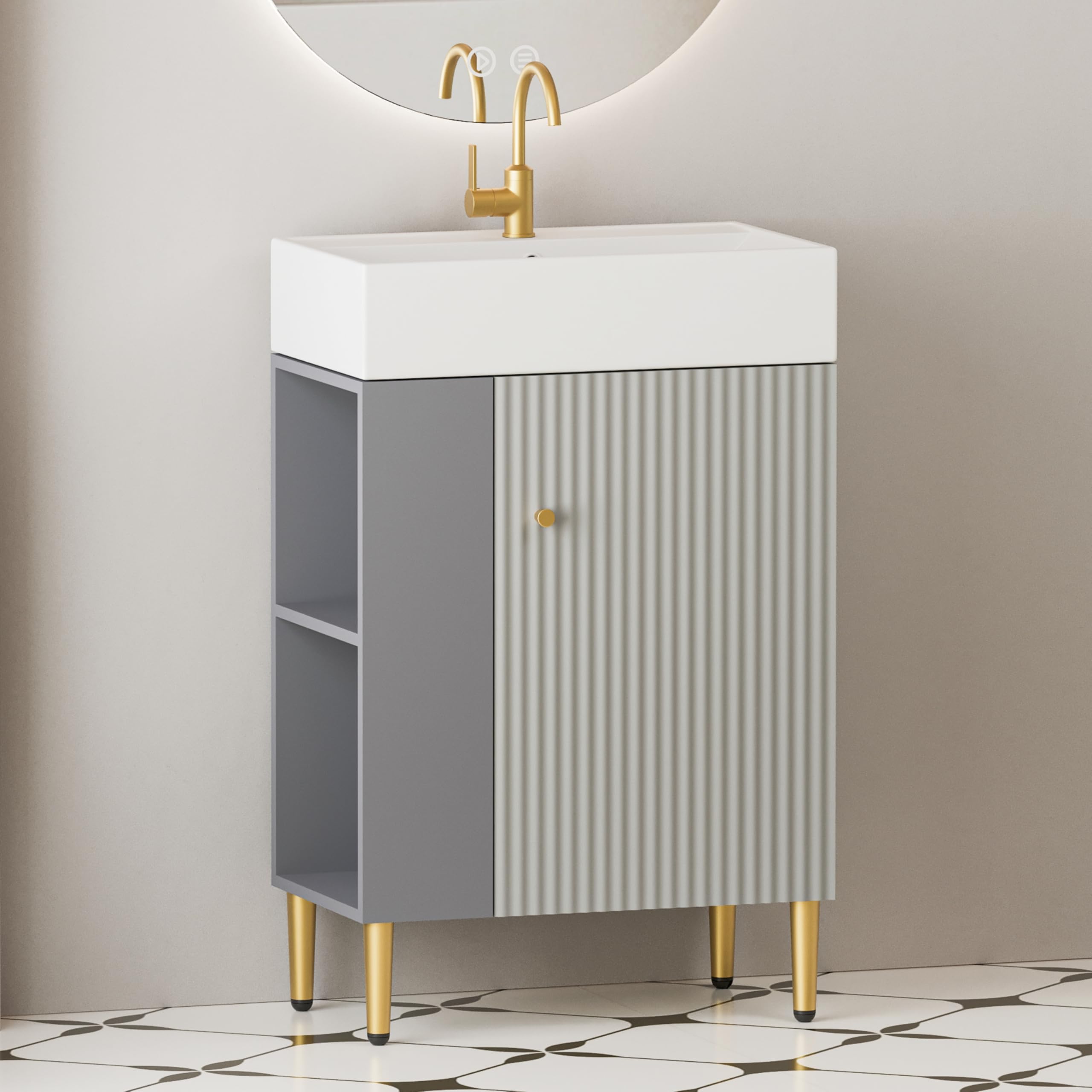 Merax Bathroom Vanity, Undermount Sinks Vanity with Side Storage, 20 Inch Free Standing Bathroom Storage Cabinet Combo Set, One Piece Sink Basin