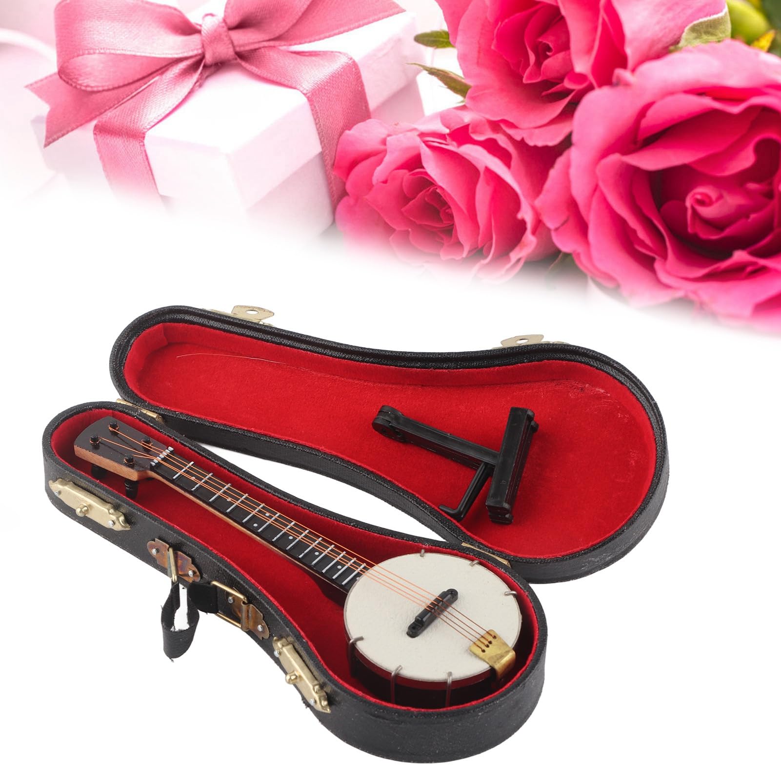 Pssopp Modèle de Banjo Miniature, Basswood Construction Mini MuI Musical Instrument Collection Dollhouse Accessoires pour Cadeaux Décoration des Jouets