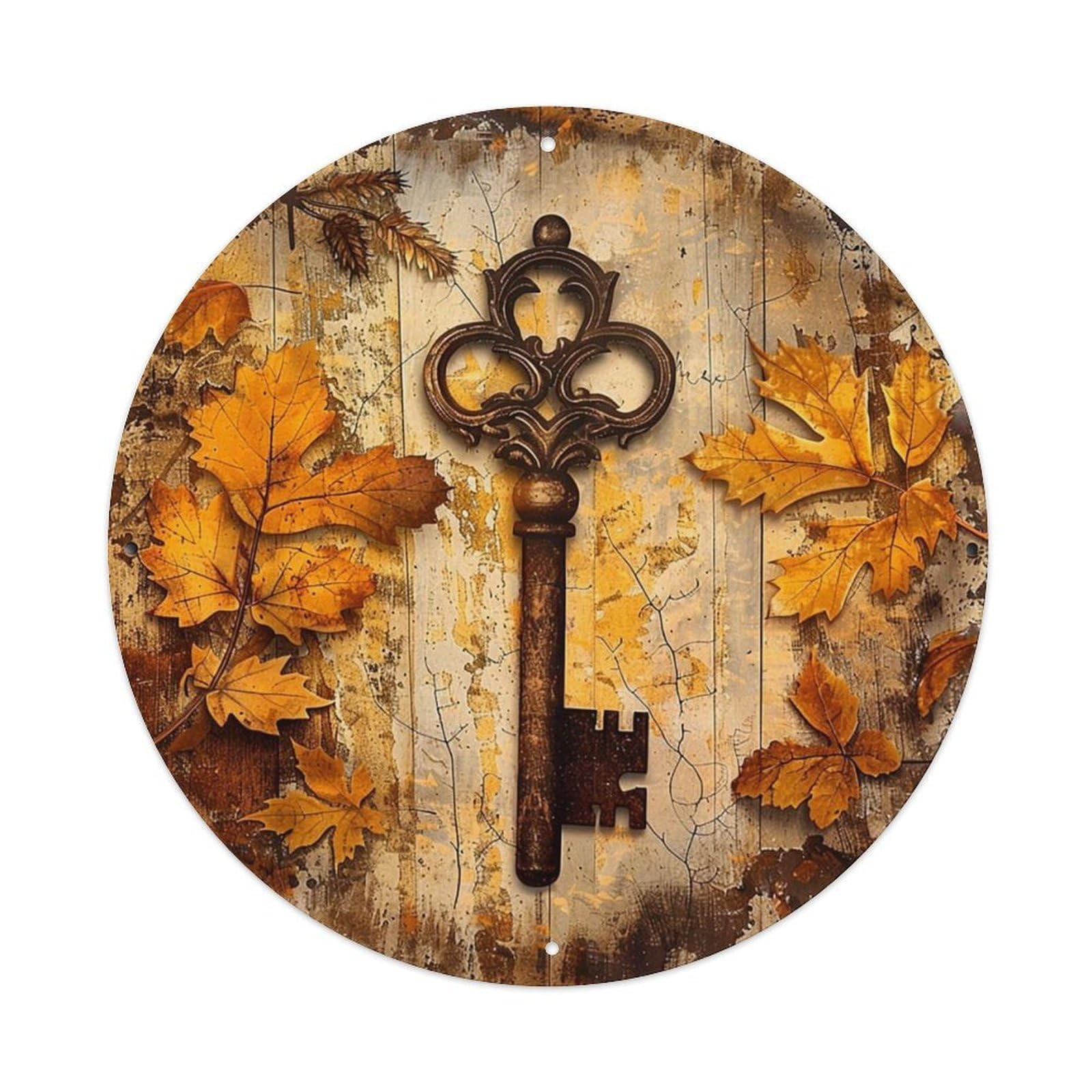 Antique Key Autumn Leaves Wood Metal Tin Sign Plaque