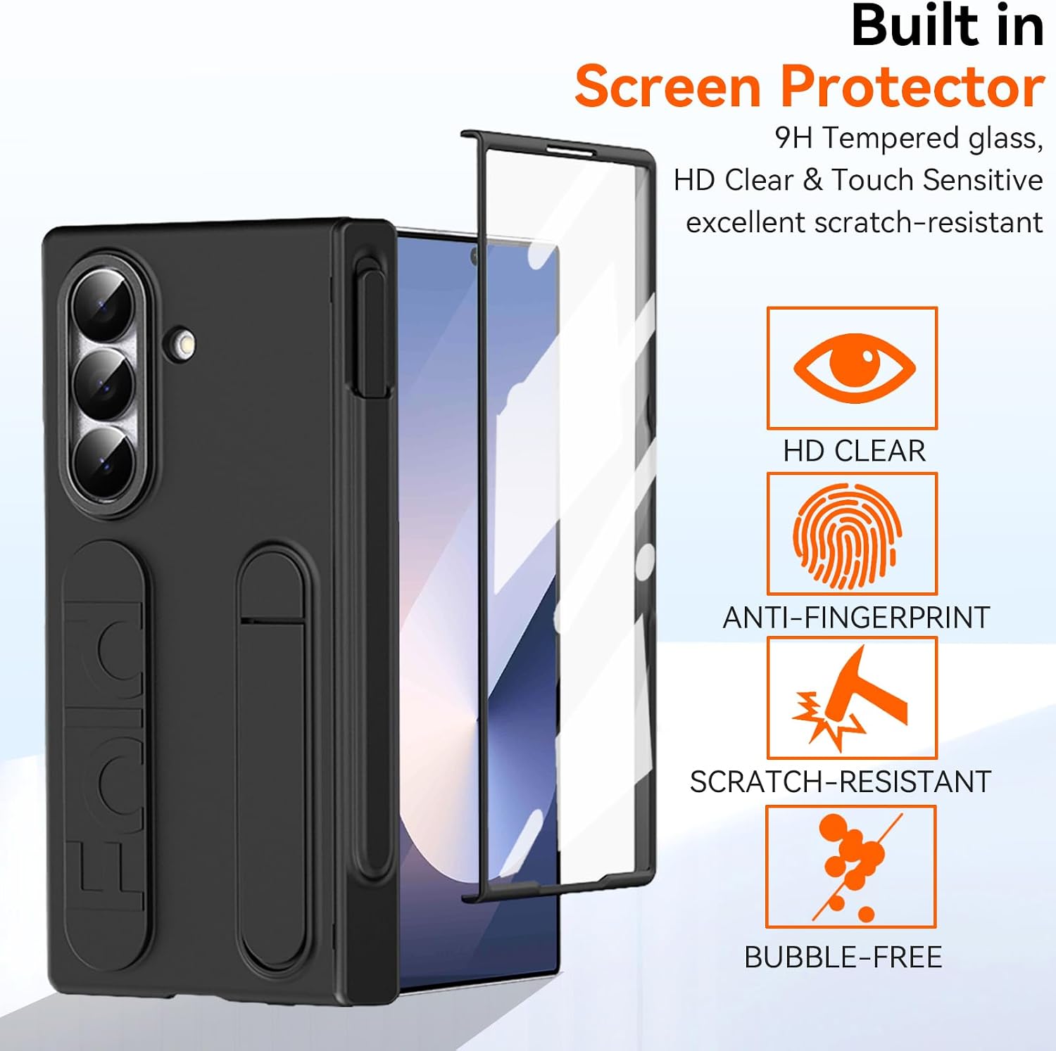 Finger Strap for Samsung Galaxy Z Fold 6 Case with S Pen Holder & Stylus, [Two Hinge Cover] Built inScreen Protector Kickstand Wristband Full Coverage Slim Protective Case for Z Fold 6 Black