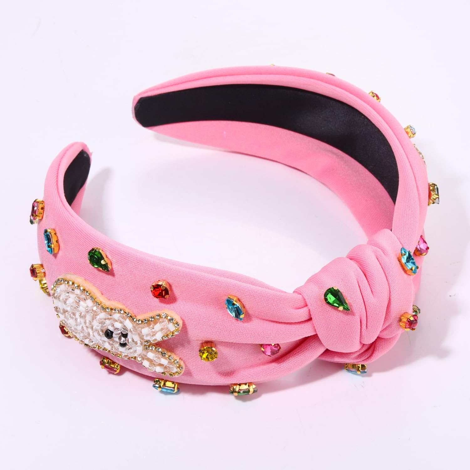 NVENF Easter Headband for Women Beaded Rabbit Bunny Headband White Pink Crystal Pearl Knotted Hairband Happy Easter Hair Accessories Spring Holiday Headwear Outfits Gifts (Bunny A - Pink) - Image 8