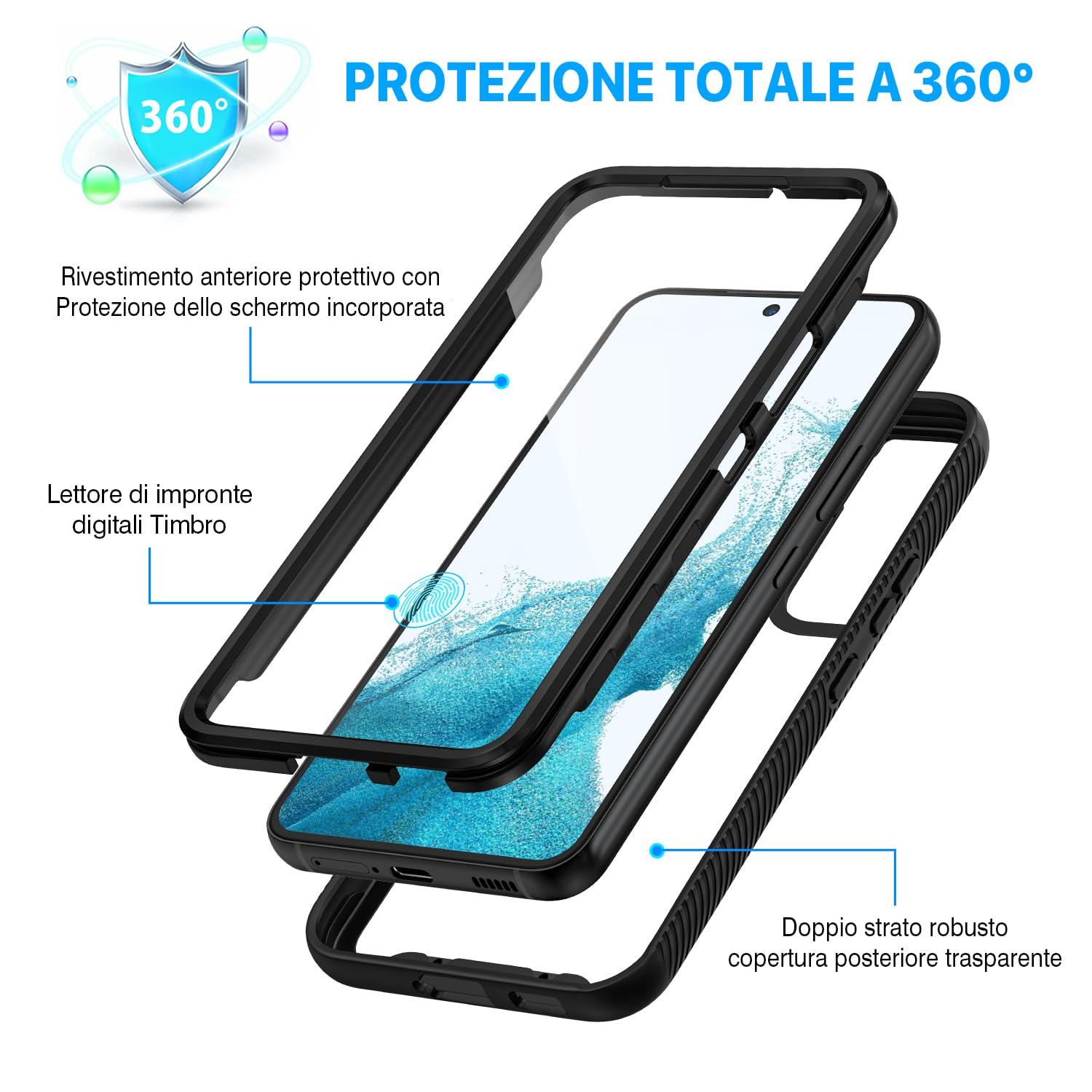 CENHUFO Cover Samsung S22 5G, Custodia Samsung S22 5G Antiurto 360 Gradi con Protezione Schermo Integrata Rugged Trasparente Case Doppia Faccia Fronte Retro Cover per Samsung Galaxy S22 5G - Nero
