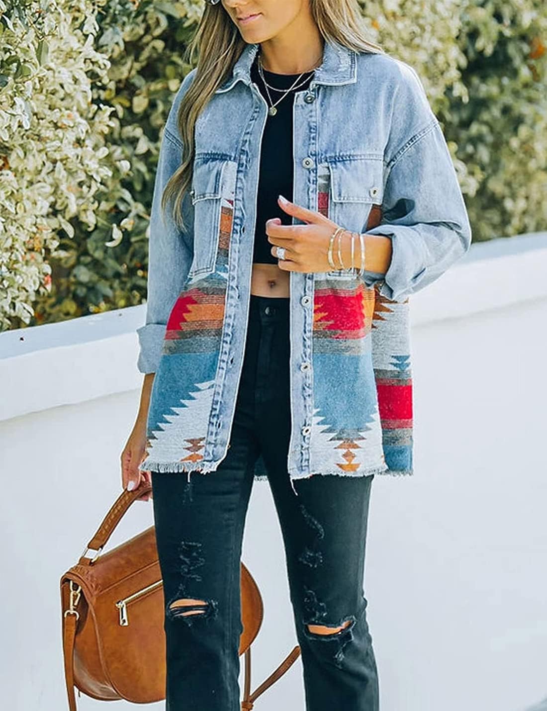 VIEWON Womens Aztec Print Shacket Jacket Western Long Sleeve Button Down Lightweight Casual Lapel Shirt Blouses Tops - Image 5