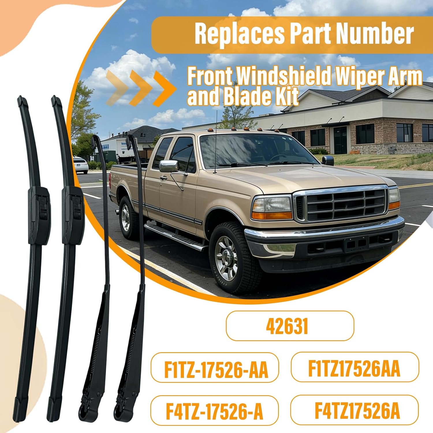 Front Windshield Wiper Arm and Blade Kit F1TZ17526AA Compatible with Ford F-150 F-250 1991-1996 Compatible with Ford F-350 1991-1997 Compatible with Ford Bronco 1991-1996 F4TZ17526A 42631（4 PCS）