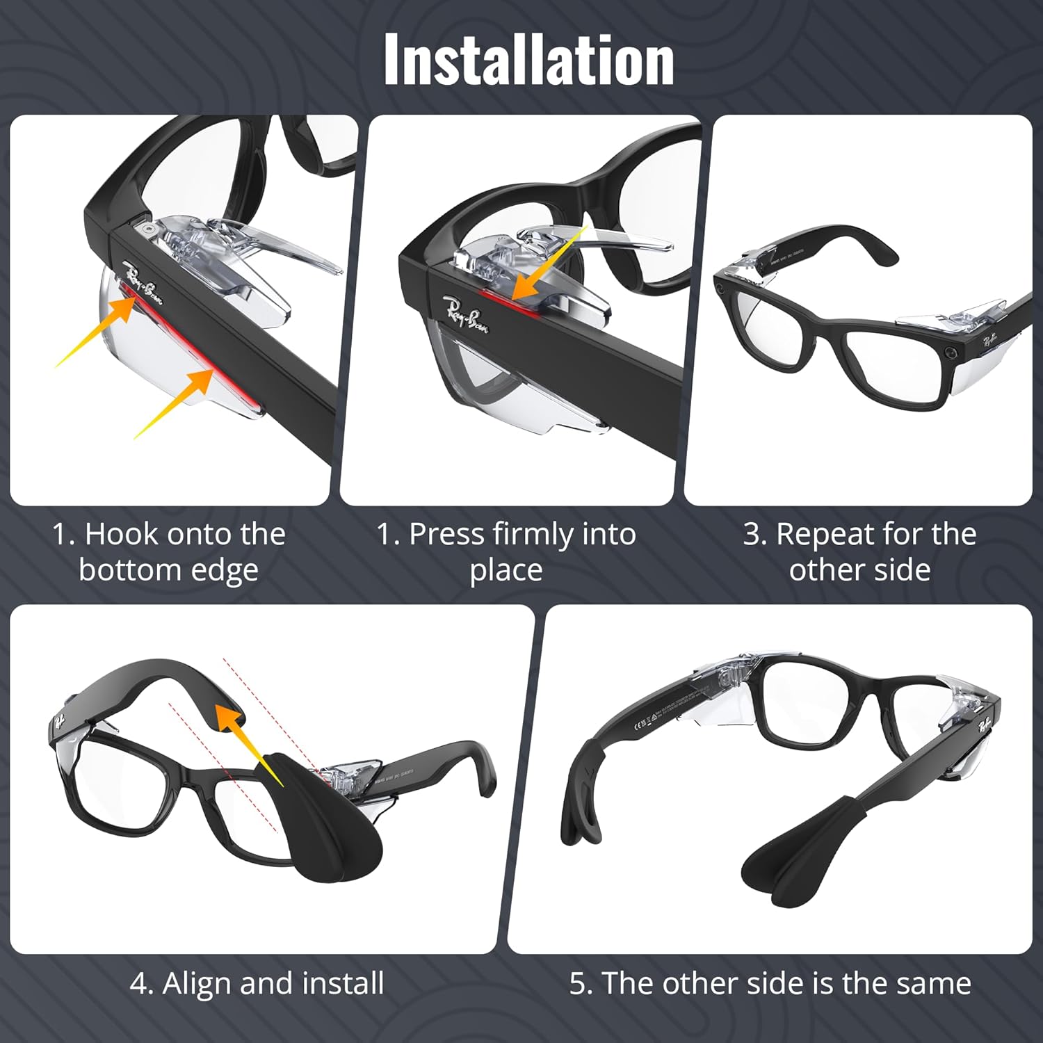 HiBloks Full Coverage Side Shields and Ear Grips Set, Smart Glasses Safety Glasses Accessories Anti-Slip Ear Cushions Compatible with Gen 1 & Gen 2 Ray Ban Meta Wayfarer/Skyler/Headliner