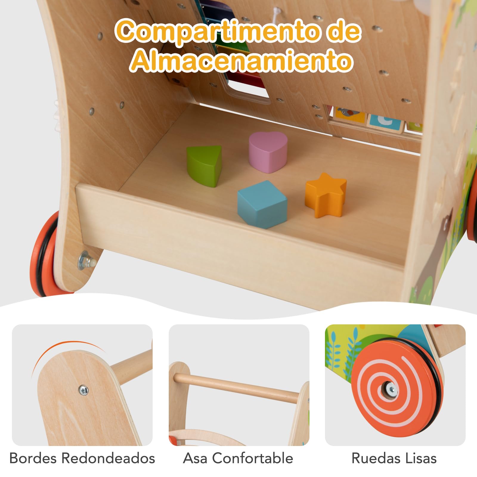 COSTWAY Andador para Bebé de Madera, Correpasillo de Empuje con Asa, Almacenaje y Ruedas, Juguete de Aprendizaje Montessori de Empuje y Tirón, Tacata de Sentado a de Pie para Niños de 3+ Años