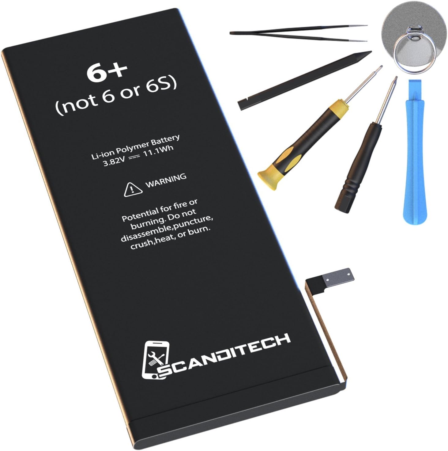 ScandiTech Battery iP6 Plus - Compatible with iPhone 6+ (not 6 or 6S+) - Replacement Kit with Tools, Adhesive & Instructions - New 2915 mAh 0 Cycle Battery - Repair Your Phone in 15 min - 1-Year Warr