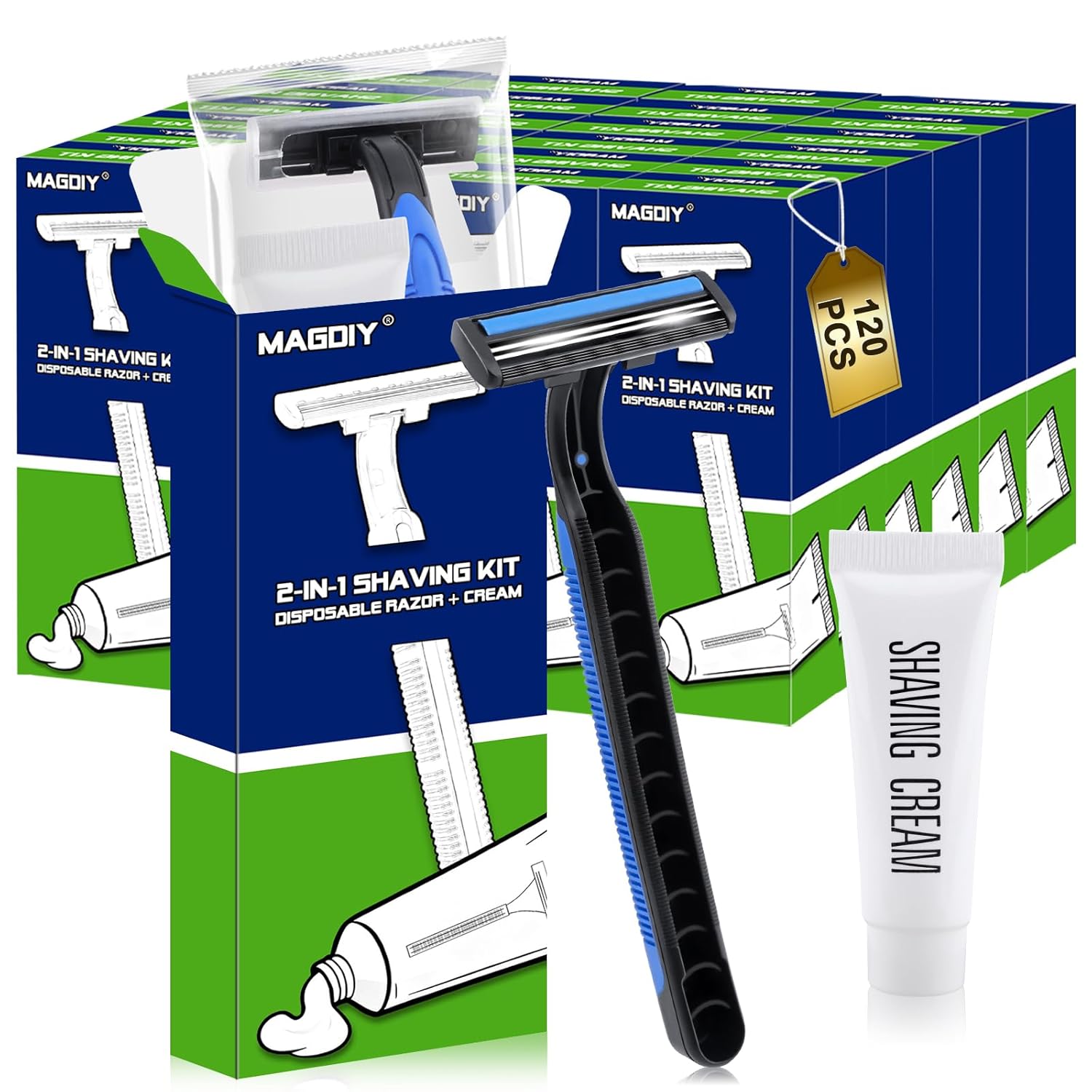 120 Pack Disposable Razors Bulk for Men with Shaving Cream, Shaving Kit for Men, Homeless Supplies Bulk, Individually Wrapped Twin Blade Razors Travel Cream for Hotel Airbnb Shelter Camping