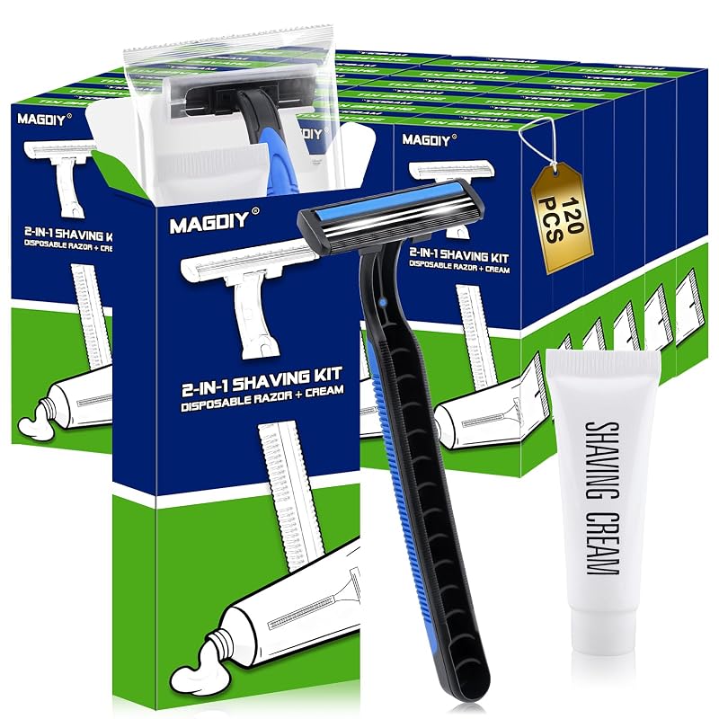 Kit de barbear MAGDIY com 120 unidades, barbeador descartável de duas lâminas e creme de barbear