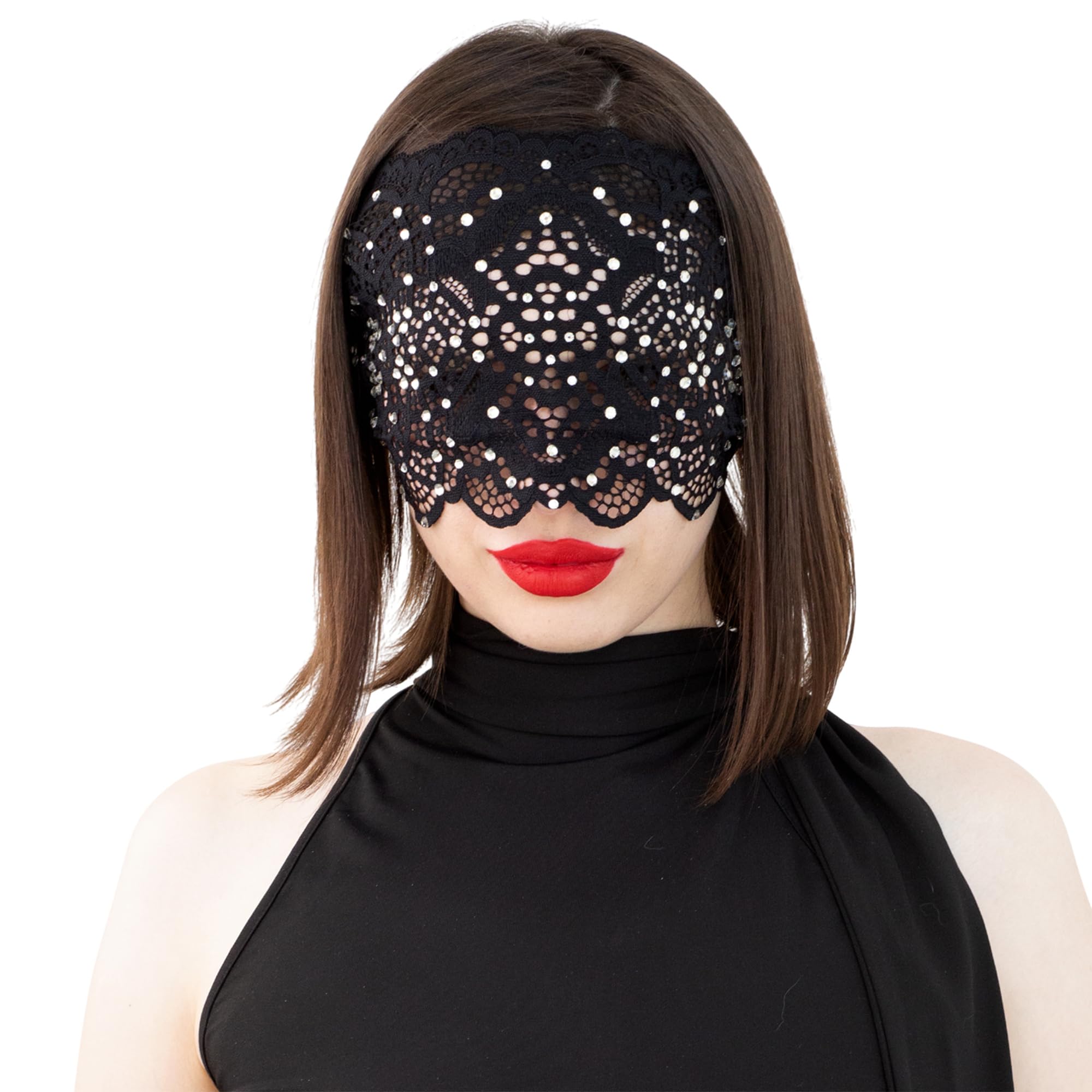 Black Full Face Lace Mask for Women with Clear Rhinestones, Elegant See-Through Masquerade Mask, Sparkling Costume Accessory for Ball, Carnival, Halloween, Cosplay, Gift Packaging