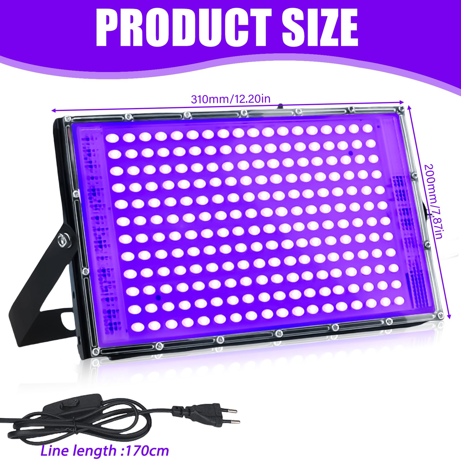 BAIFULAI Faretto a luce nera UV 200 W, 216 perle di lampada a LED, IP65, impermeabile, luce nera con spina per discoteca, illuminazione per palcoscenico, decorazione di Halloween, accessori per feste