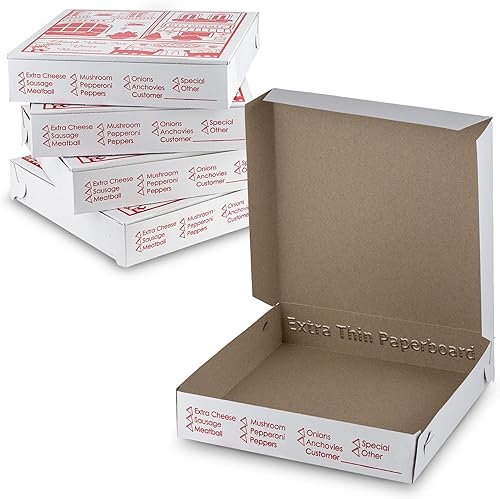 MT Products Caja de pizza blanco-roja de 12 x 12 x 2 pulgadas, cajas de pizza extrafinas con diseño (paquete de 10) - Fabricado en los Estados Unidos