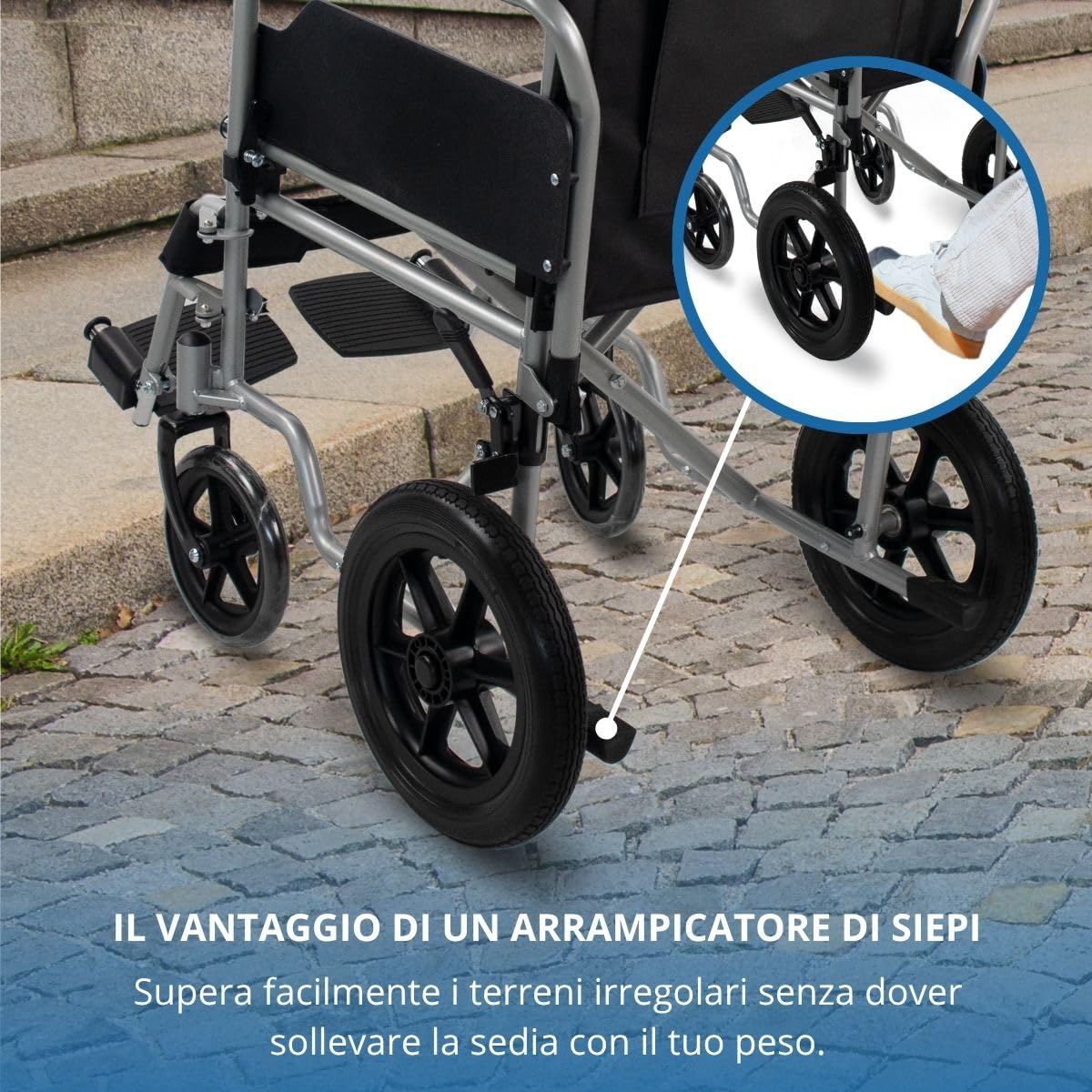 Mobiclinic®, Sedia a rotelle pieghevole, Marsella, Marchio europeo, Robusta, Seduta 46cm, Poggiapiedi e braccioli pieghevoli, Freno leva, Ruote sgancio, Argento