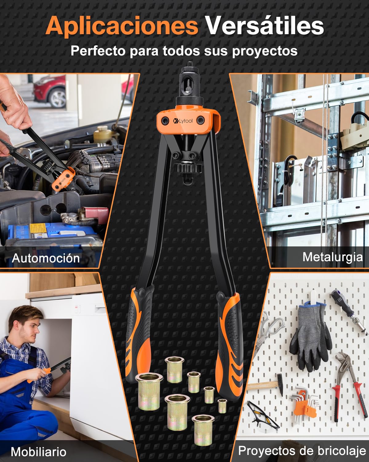 Remachadora de Tuercas Lytool 16" Pistola Remachadora Profesional Manual | Con 70pcs Tuercas de Remache, y 7 Mandriles Intercambiables M3 M4 M5 M6 M8 M10 M12