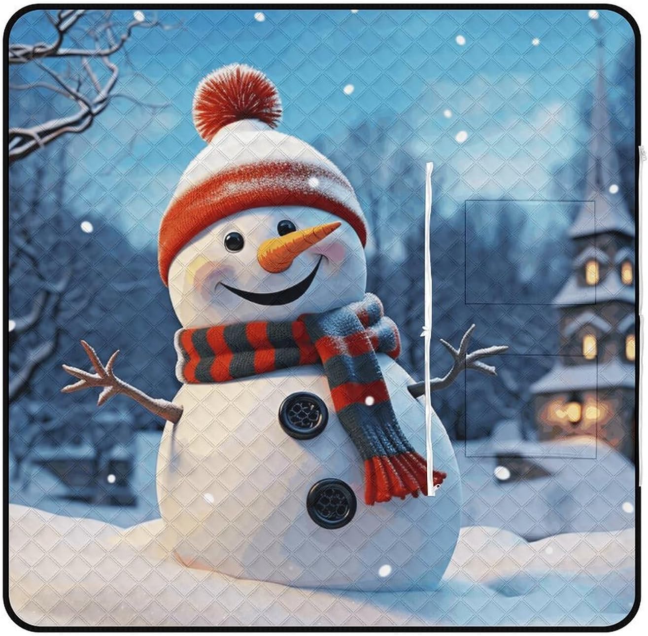 Happy Snowman Picnic Blanket with Zipper Water Resistant Sand Free Picnic Mat Washable Foldable Easy Carry Beach Blanket for Lawn Beach Hiking Camping