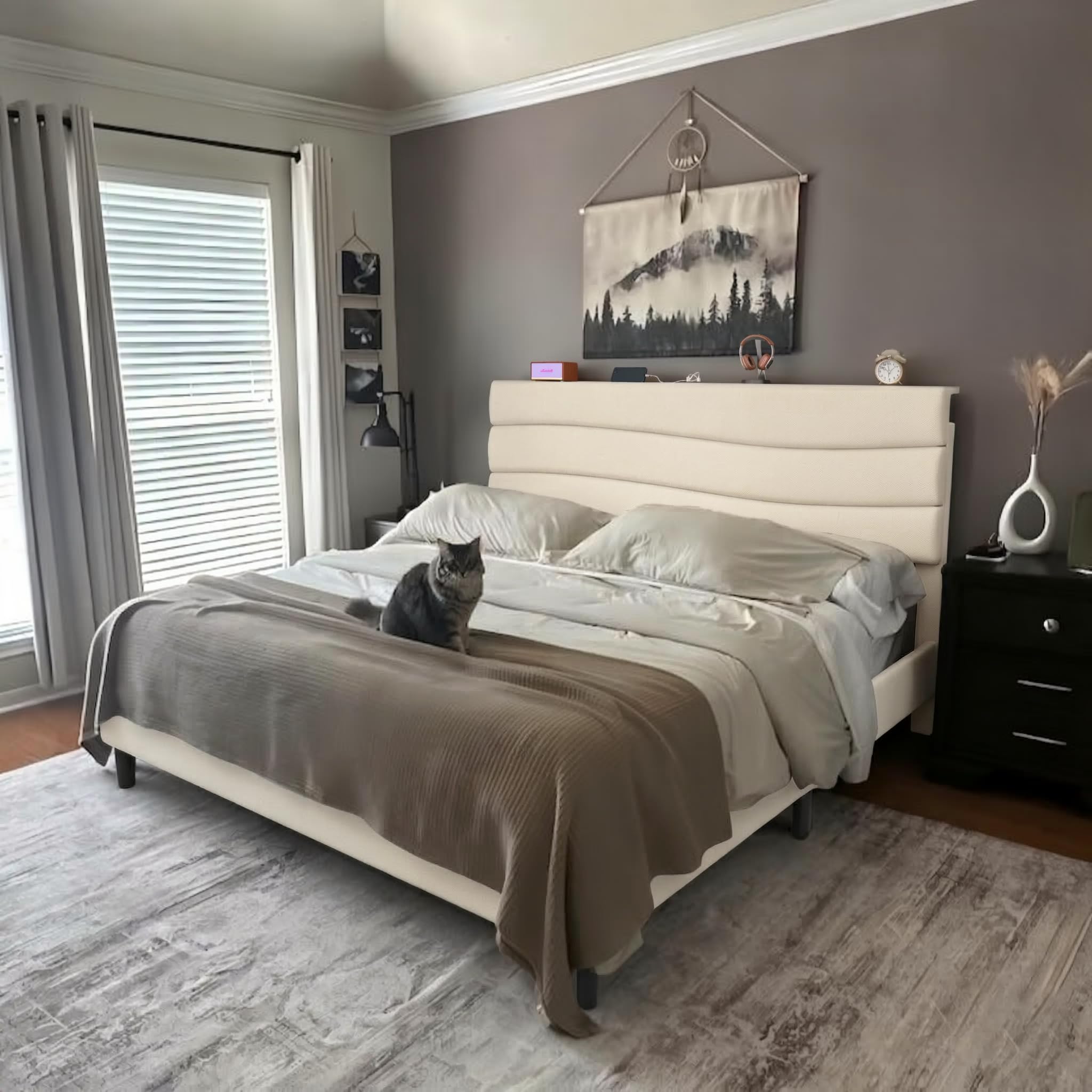 EnHomee King Size Bed Frame Upholstered King Bed Frame with Charging Stations Storage Headboard Adjustable Bedroom Apartment Dorm