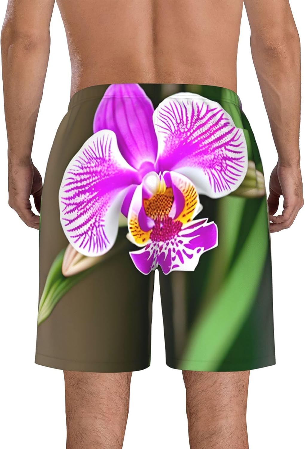 Mens Orchid Print Beach Shorts,Casual Summer Shorts for Men,Quick Dry Polyester