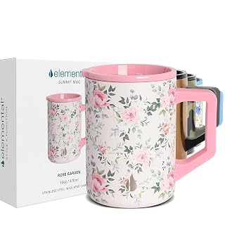 Elemental Insulated Coffee Mug - Triple-Wall Stainless Steel Summit Travel Cup for Hot and Cold Drinks - Thermal Coffee Mug with Lid and Handle for Camping, Office & Travel 16oz - Rose Garden - Amazon product rated Grade A