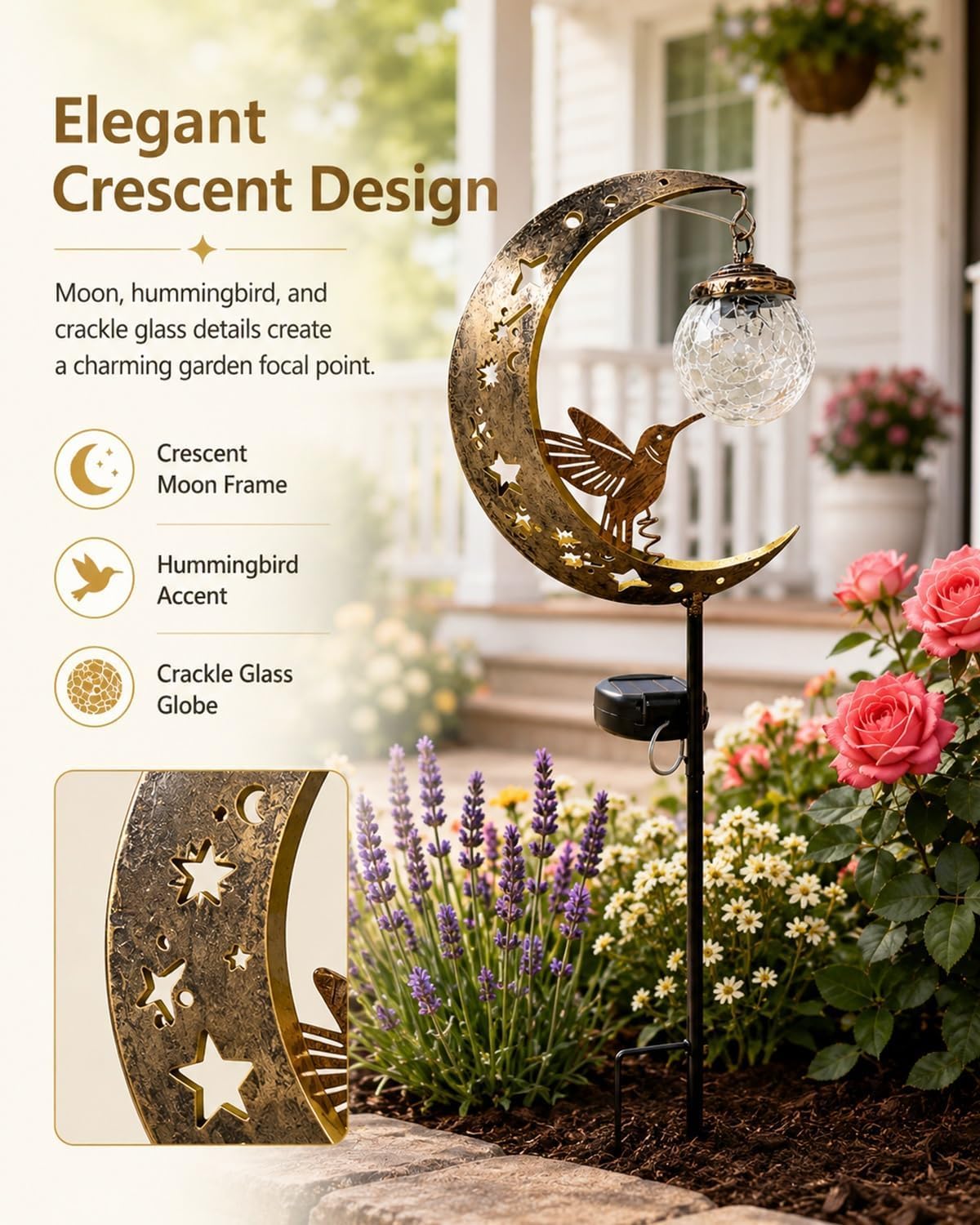 Lampada Solare Per Esterni,Presenta Un Design Che Combina Una Luna In Metallo Una Sfera In Vetro; Dotato Grado Protezione Ip65 Contro L'Acqua, Adatto L'Illuminazione Decorativa Esterno (1pcs)