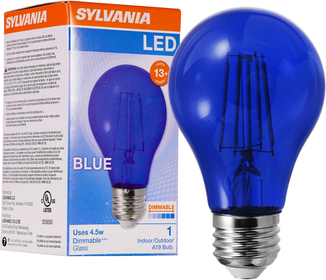 LEDVANCE Sylvania LED Blue Glass Filament A19 Light Bulb, Efficient 4.5W, 40W Equivalent, Dimmable, E26 Medium Base - 1 Pack (40304)