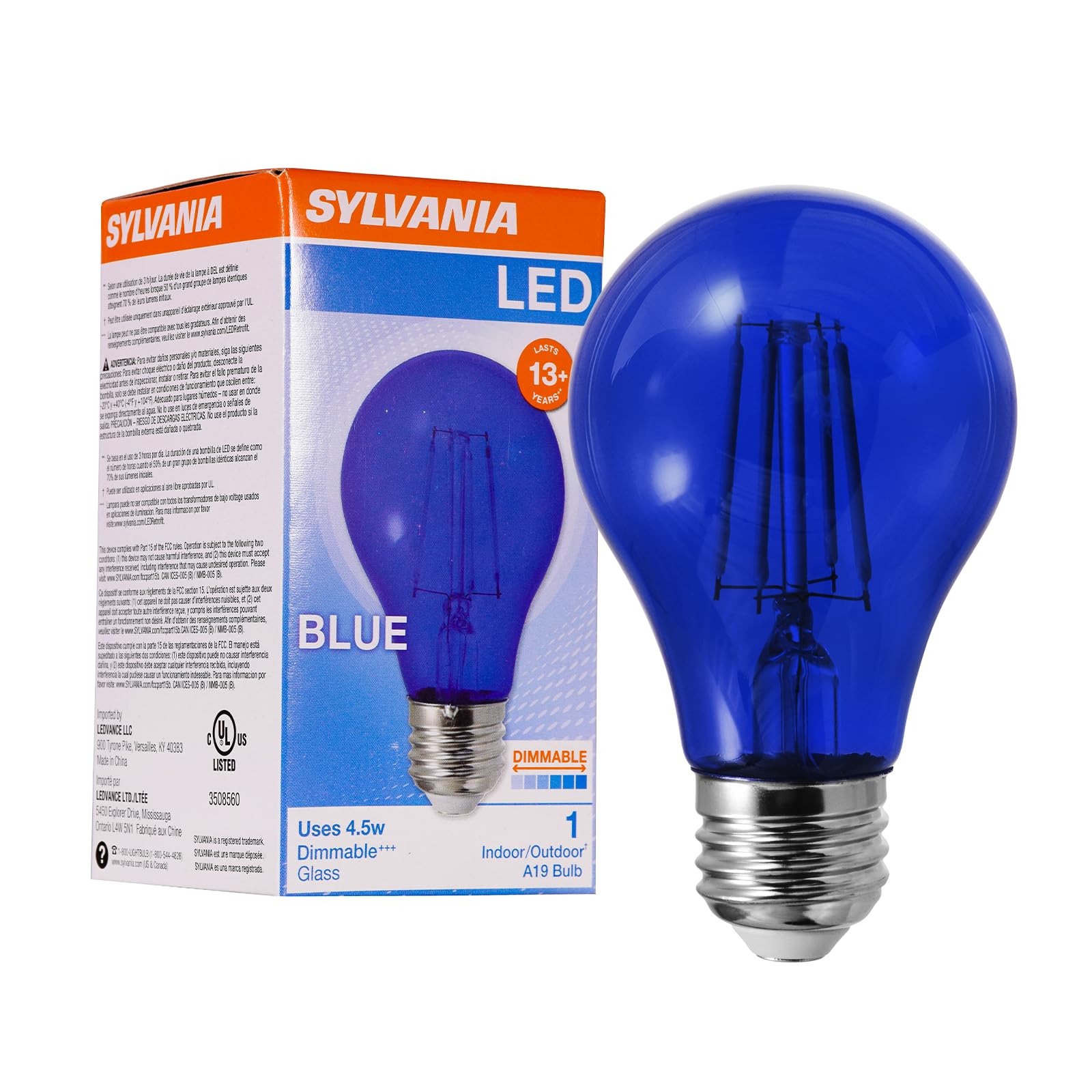 LEDVANCE Sylvania LED Blue Glass Filament A19 Light Bulb, Efficient 4.5W, 40W Equivalent, Dimmable, E26 Medium Base - 1 Pack (40304)