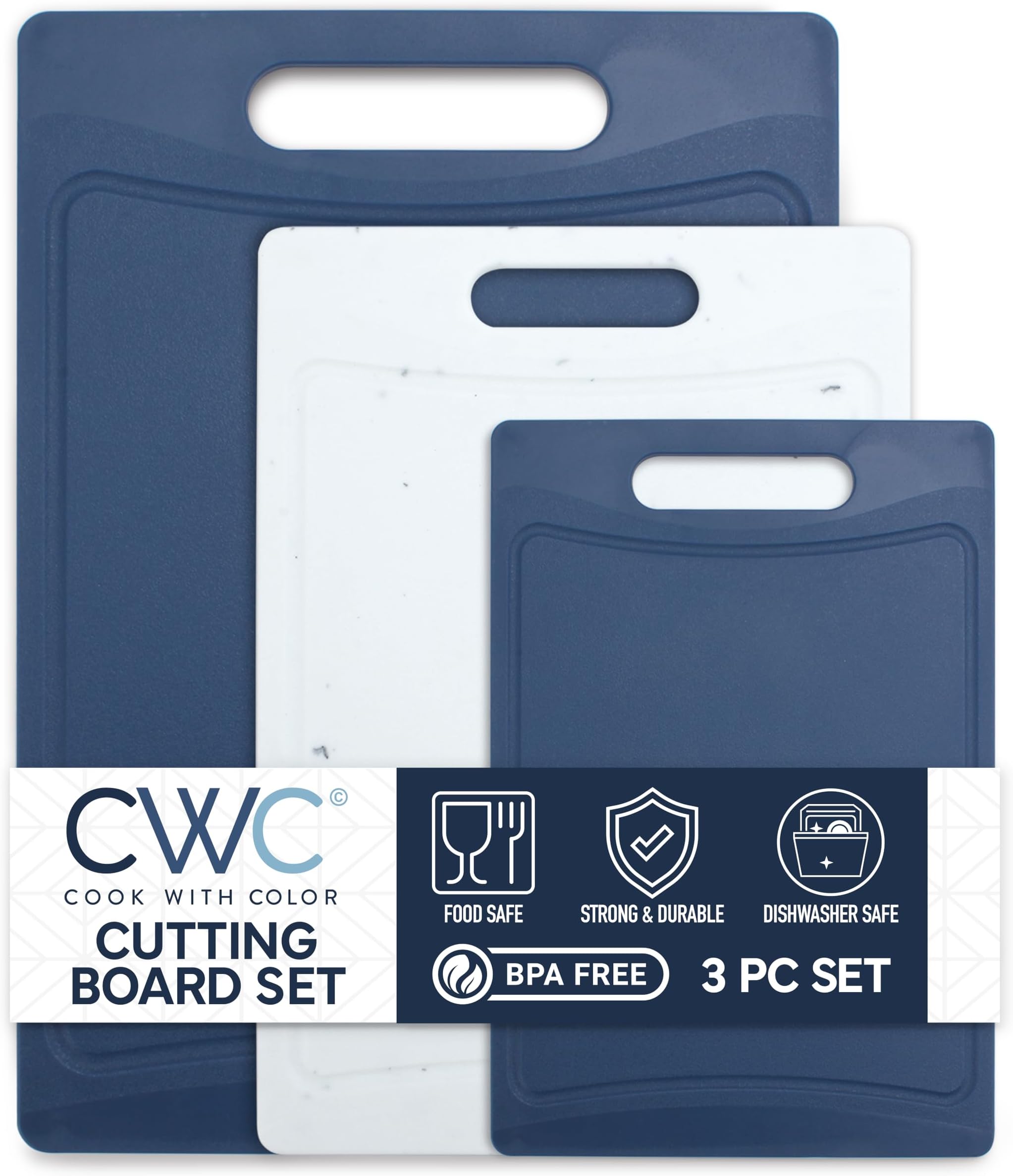COOK WITH COLOR Non-Slip Cutting Board Set – Kitchen Essentials with Easy Grip Handle for Meat, Veggies, and Fruits, 3 Cutting Boards, Blue and White Marble