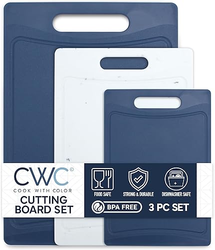 COOK WITH COLOR Juego de tablas de cortar antideslizantes, esenciales de cocina con mango de fácil agarre para carne, verduras y frutas, 3 tablas de