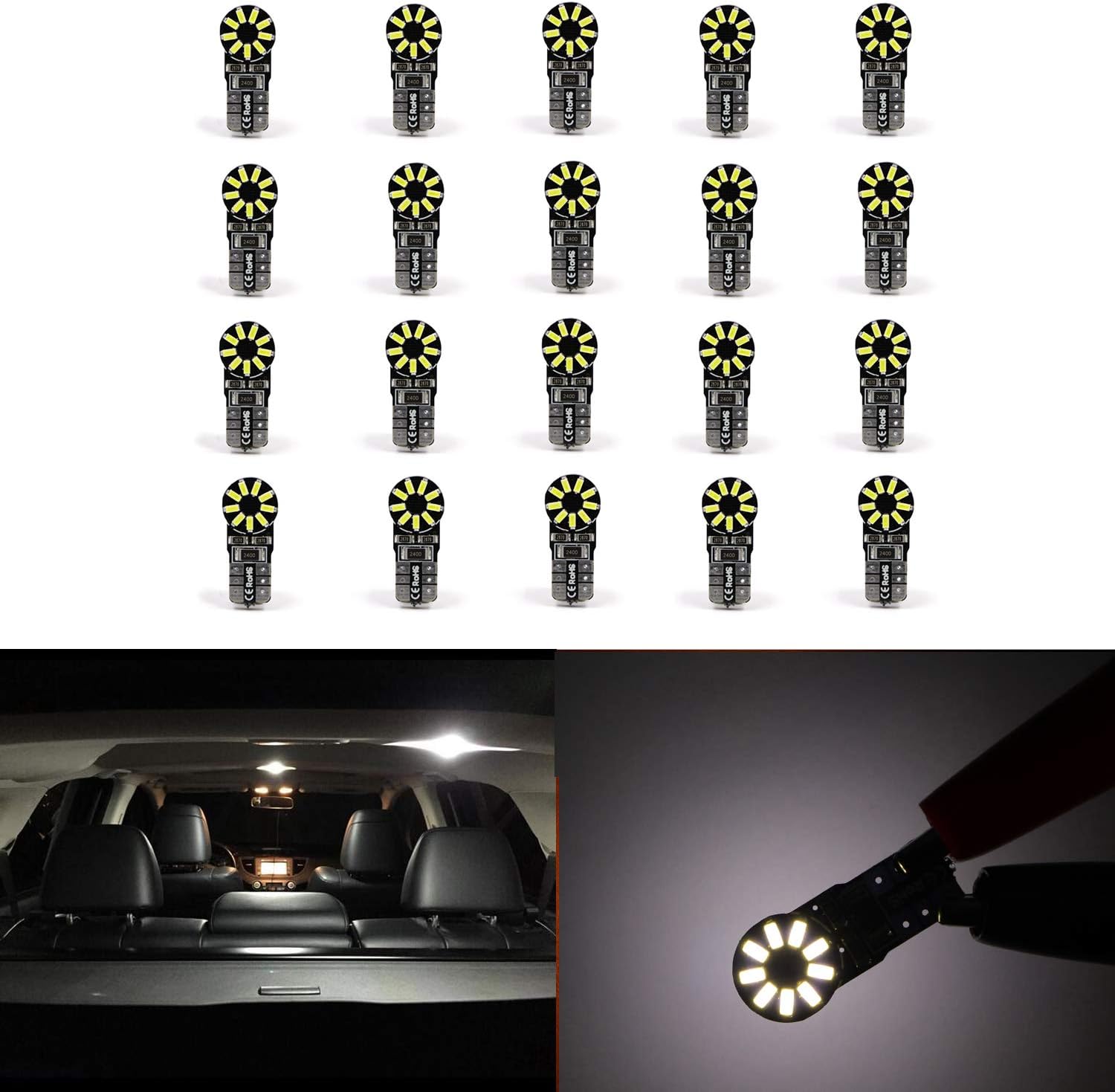 Dantoo 20pcs Extremely Bright T10 LED Bulbs 168 2825 W5W 194 Wedge Dome Lights 3014 Chipset 18 SMD 6000K Xenon White Light Lamp for Car Interior Map License Plate Trunk Parking Light