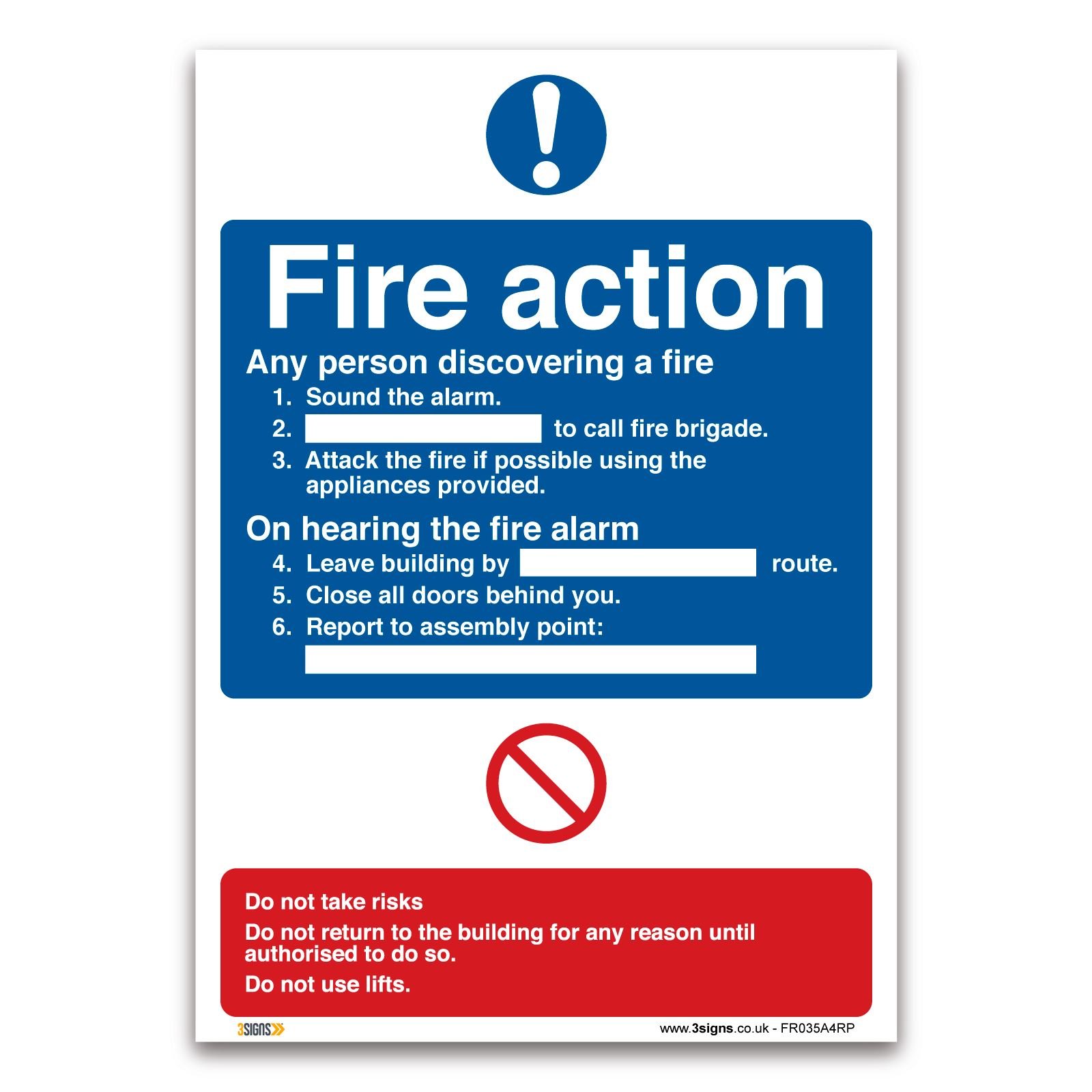 Fire Action Plan Sign - A4 210 x 297mm 1mm Rigid Plastic - Emergency Procedure Safety Notice Workplace Office School Building Fire Safety Sign