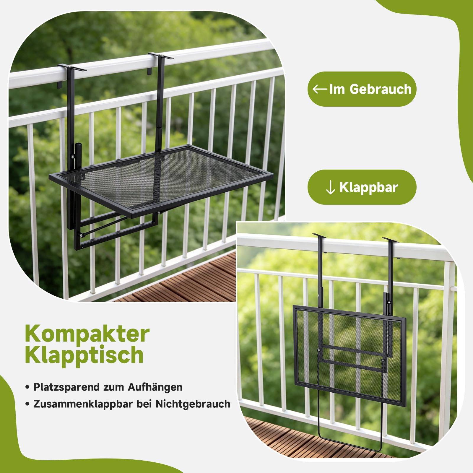 papasbox Table de balcon pliable - 60 x 40 cm - Réglable en hauteur sur 5 niveaux - Table suspendue pour balcon et terrasse
