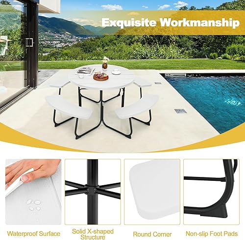 Miniatura 6 de Tangkula Mesa de picnic para 8 personas, mesa de picnic redonda al aire libre con 4 bancos integrados, agujero para paraguas, marco de metal y mesa