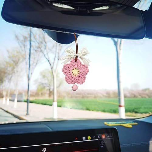 Miniatura 2 de QINGCAR Lindas flores de ganchillo para espejo de coche, accesorios divertidos hechos a mano para el interior del automóvil, adornos decorativos