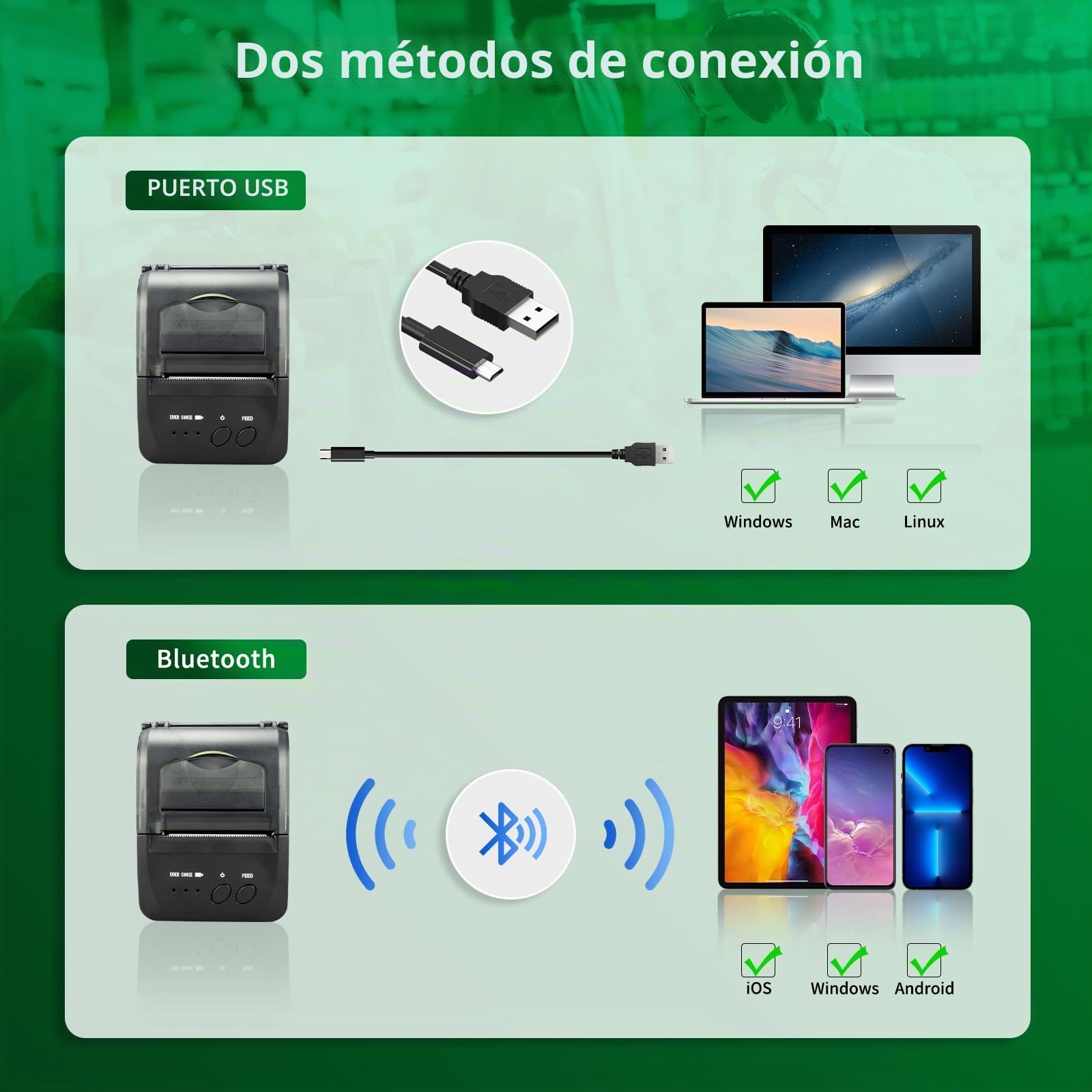 NetumScan Impresora térmica inalámbrica Bluetooth de 2 Pulgadas 58 mm Mini USB POS Impresora para Restaurante minorista Compatible con Android/iOS/PC/Windows NS1809DD