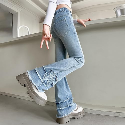Flare Jeans for Girls Cute Kids Wide Leg Elastic High Waist Bell Bottom Denim Pants Slim Fit Layer Raw Hem Trousers(Light Blue,15-16 Years)